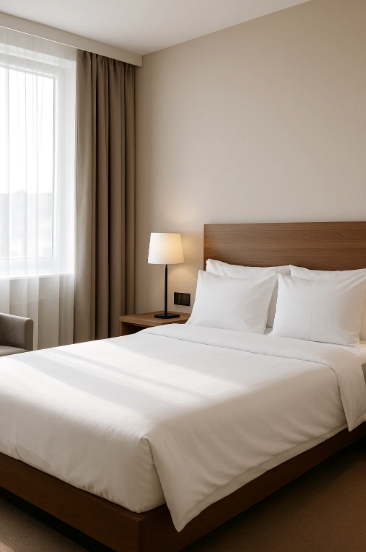Interior view of a modern hotel room with warm lighting.