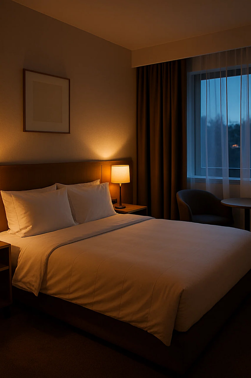Hotel room with modern decor and a spacious feel.